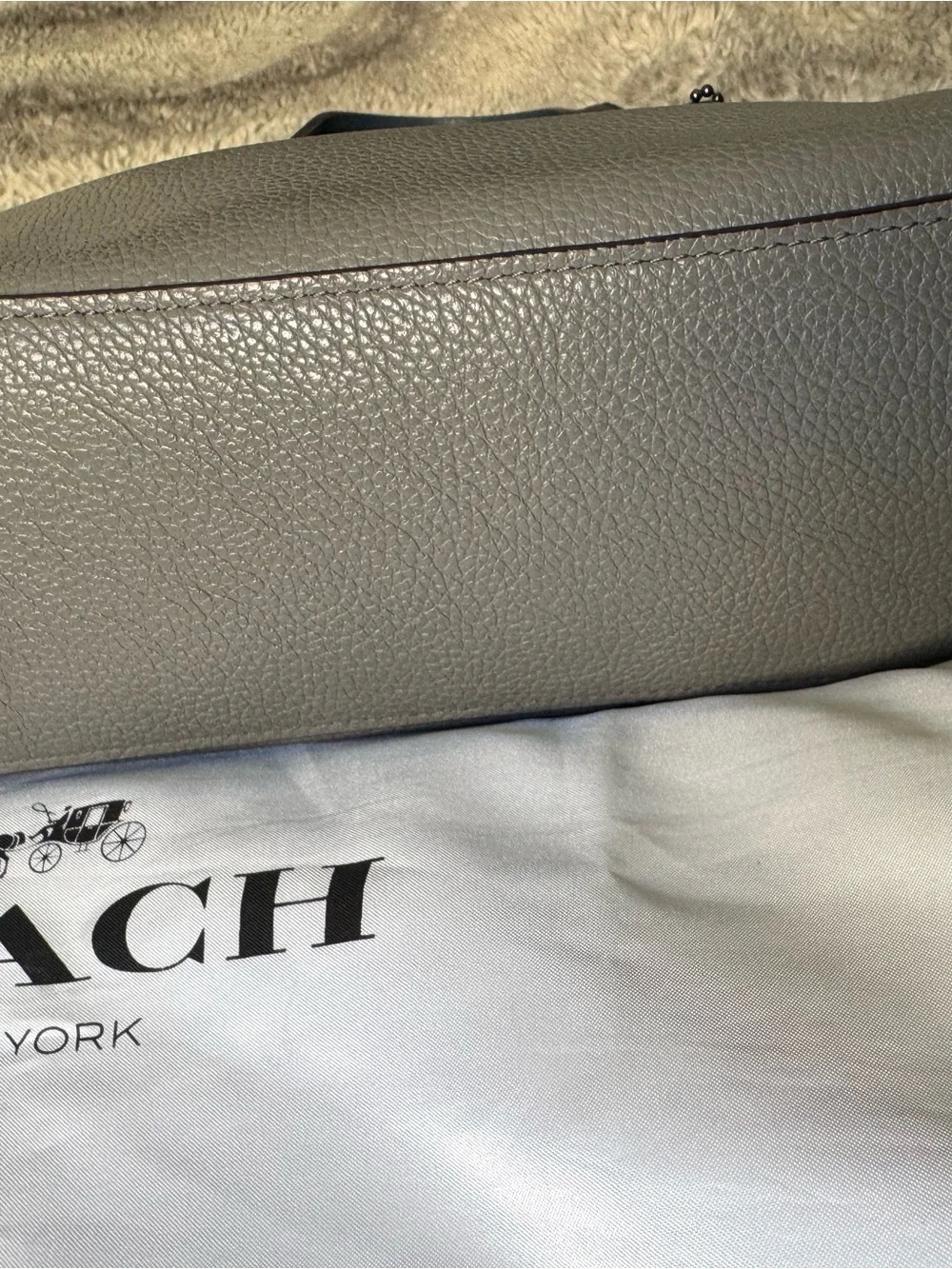 COACH Pebbled Leather Satchel in Taupe with White & Black Handles